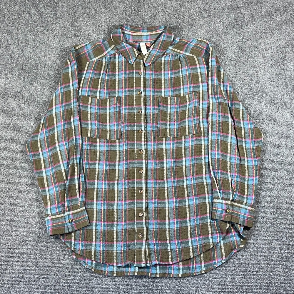 PILCRO x ANTHROPOLOGIE Women's Slouchy Plaid Shirt Gray Pink Blue Size Large P